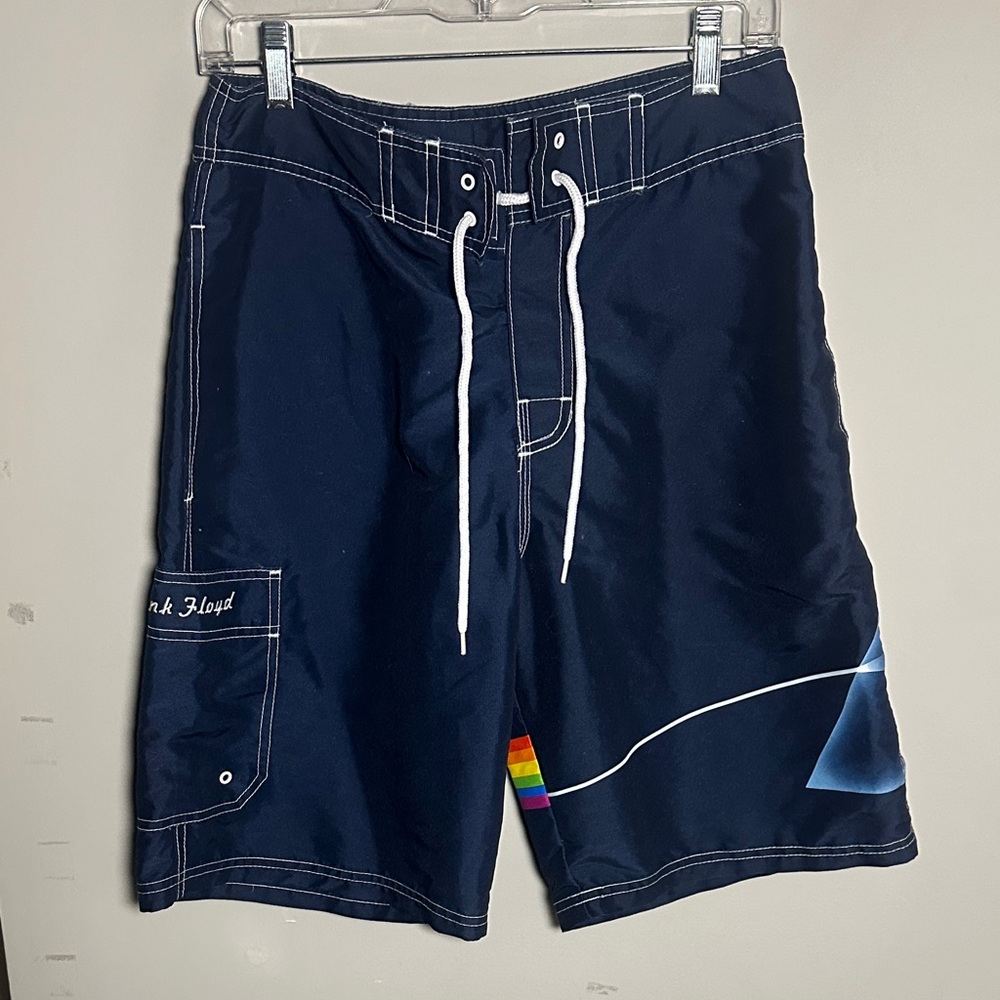 Pink Floyd 2005 y2k Men's Navy Swim Shorts with Rainbow Detail